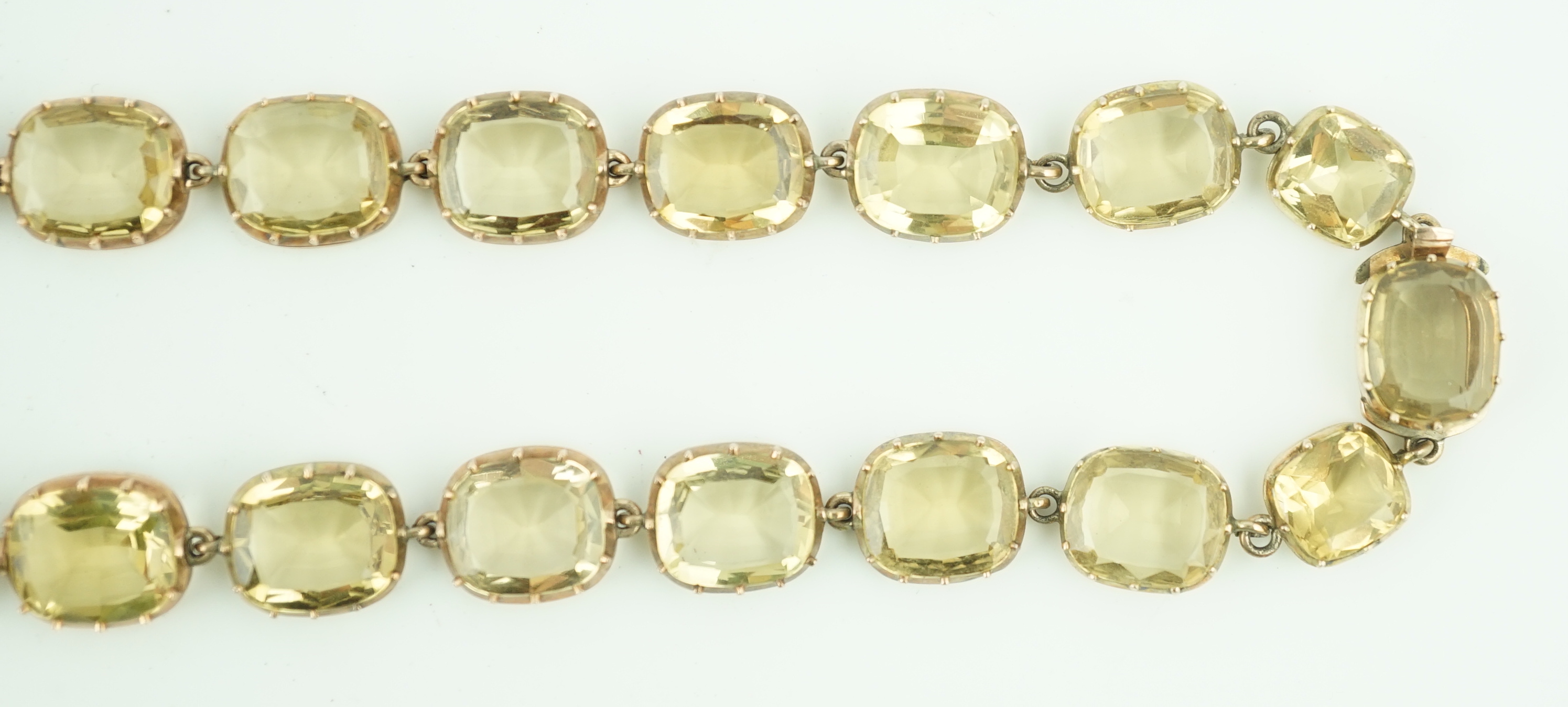 A Victorian gold and graduated cushion cut citrine necklace